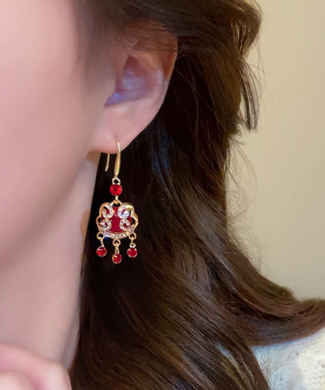 Chinese Style Red Sterling Silver Alloy Zircon Safety Lock Tassel Drop Earrings