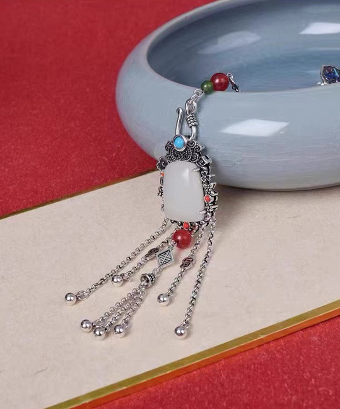 Chinese Style Silk Sterling Silver Jade Chain Tassel Brooches