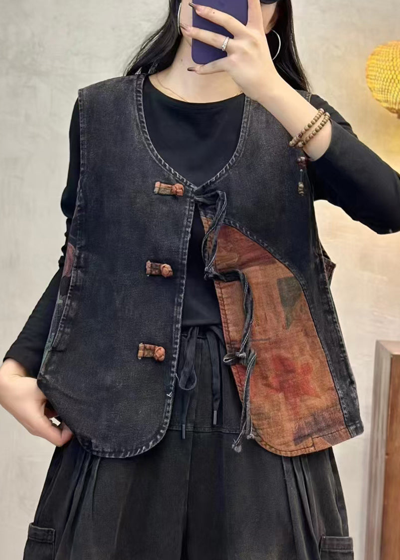 Chinese Style Tassel Oriental Button Denim Vest Spring