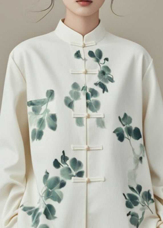 Chinese Style White Stand Collar Print Coats Fall