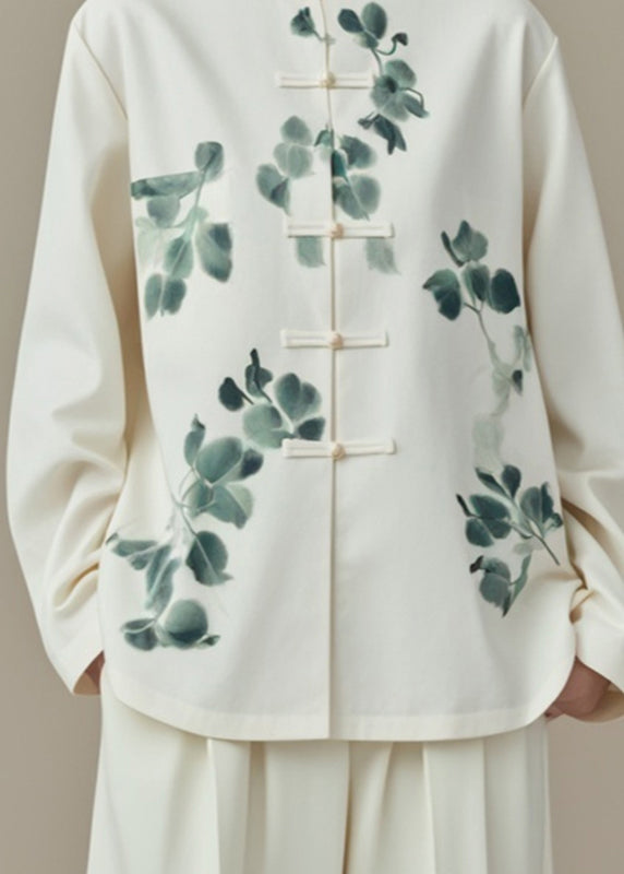 Chinese Style White Stand Collar Print Coats Fall