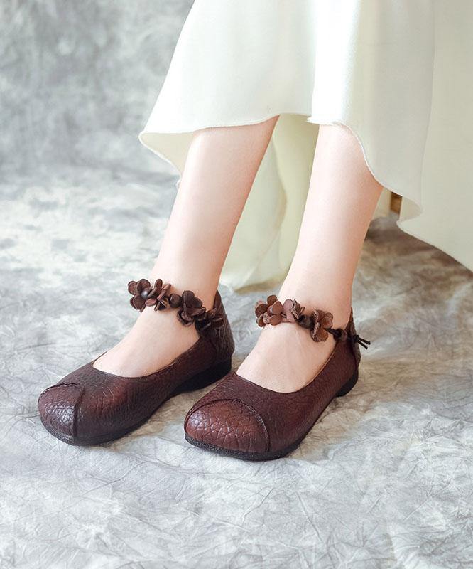 Chocolate Cowhide Leather Buckle Strap Loafers For Women