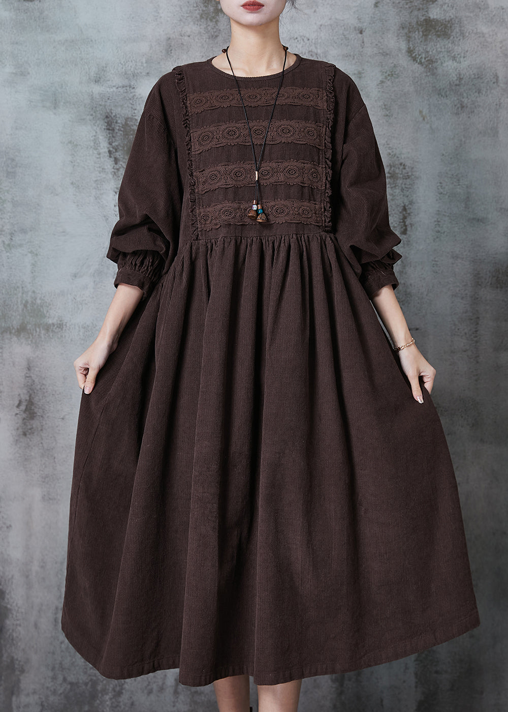 Chocolate Lace Patchwork Corduroy Dress Oversized Spring