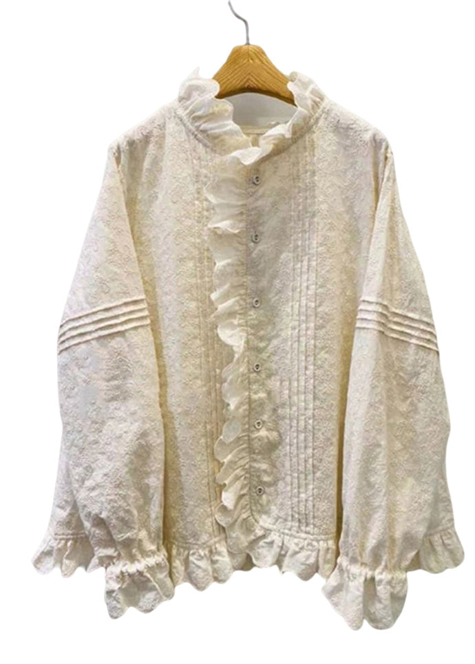 Classy Beige Ruffled Patchwork Embroidered Cotton Blouses Spring