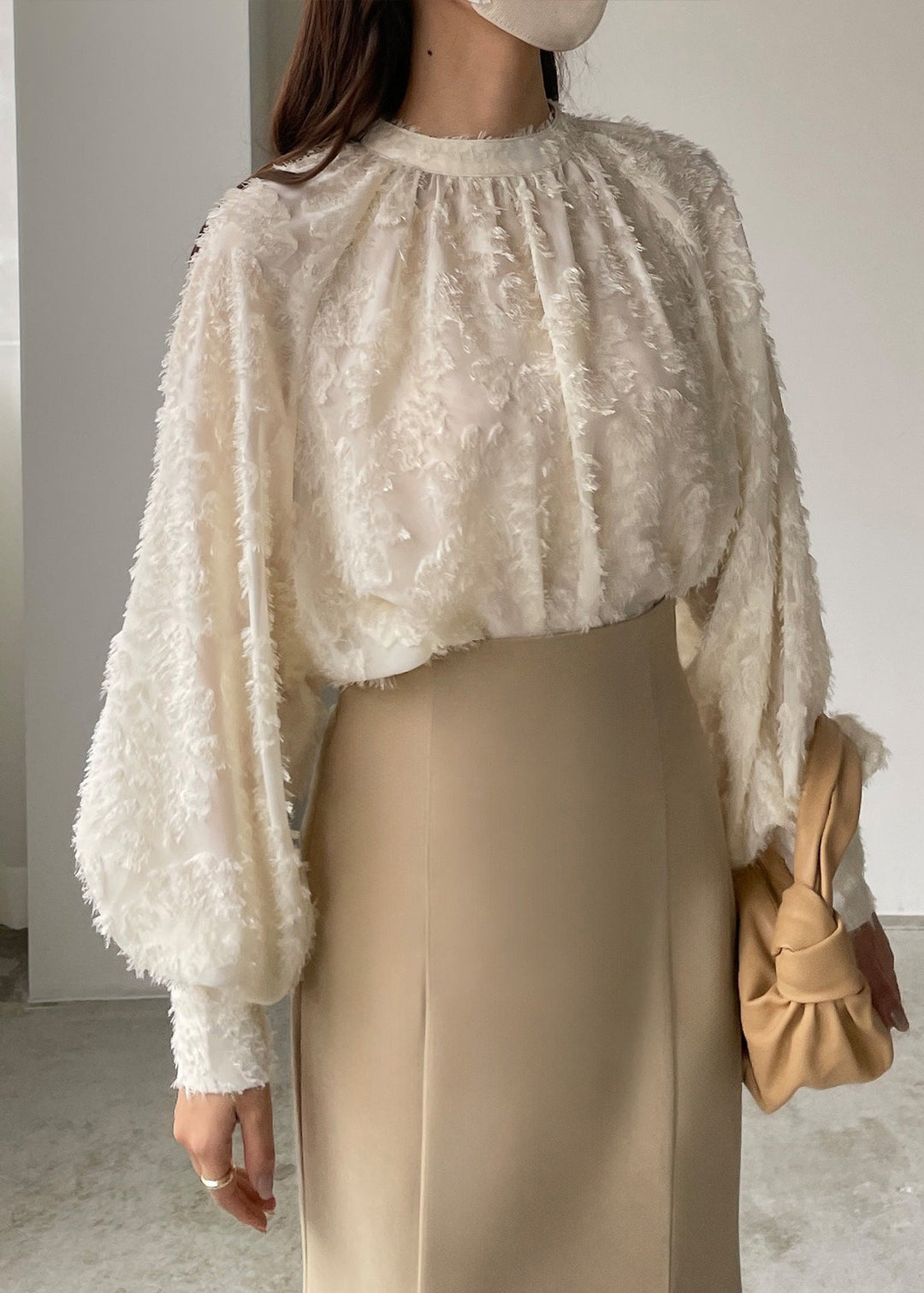 Classy Beige Tasseled Chiffon Shirt Top Lantern Sleeve