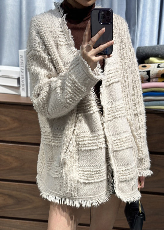 Classy Beige V Neck Tassel Woolen Loose Cardigans Fall