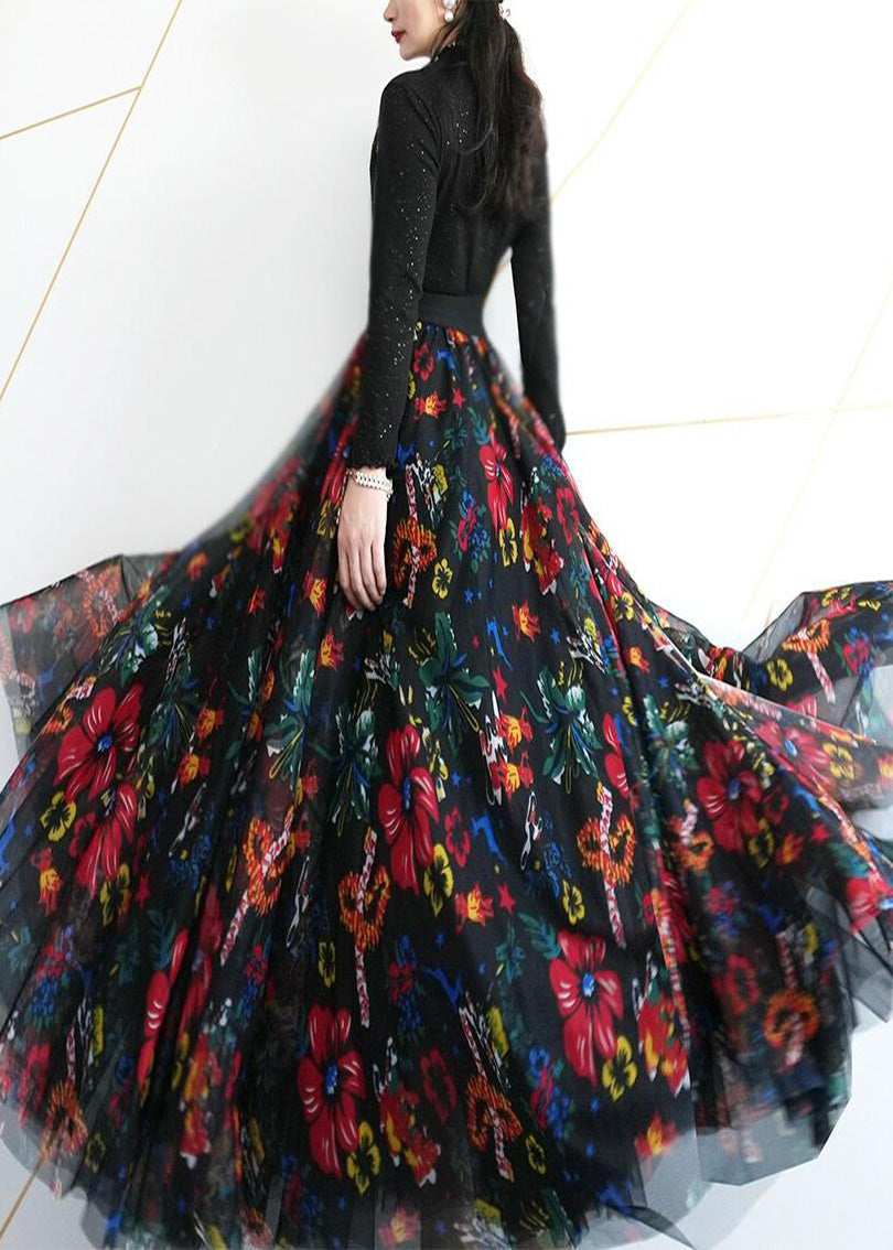 Classy Black Floral Print Exra Large Hem Tulle Skirts Spring