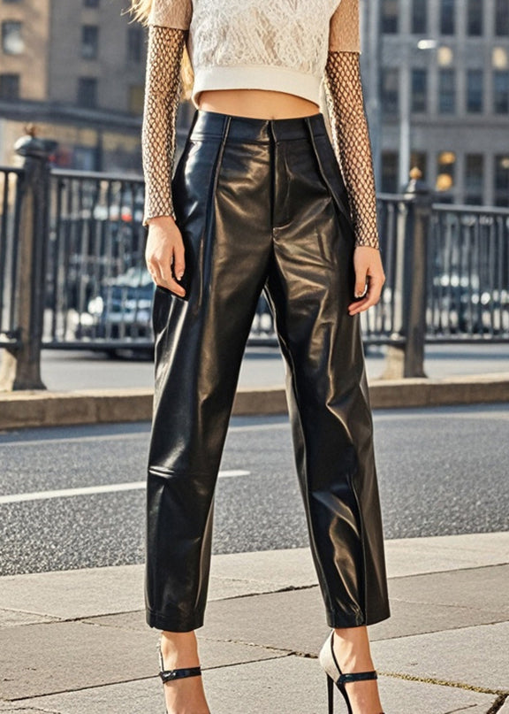 Classy Black High Waist Silm Fit Faux Leather Pants Fall