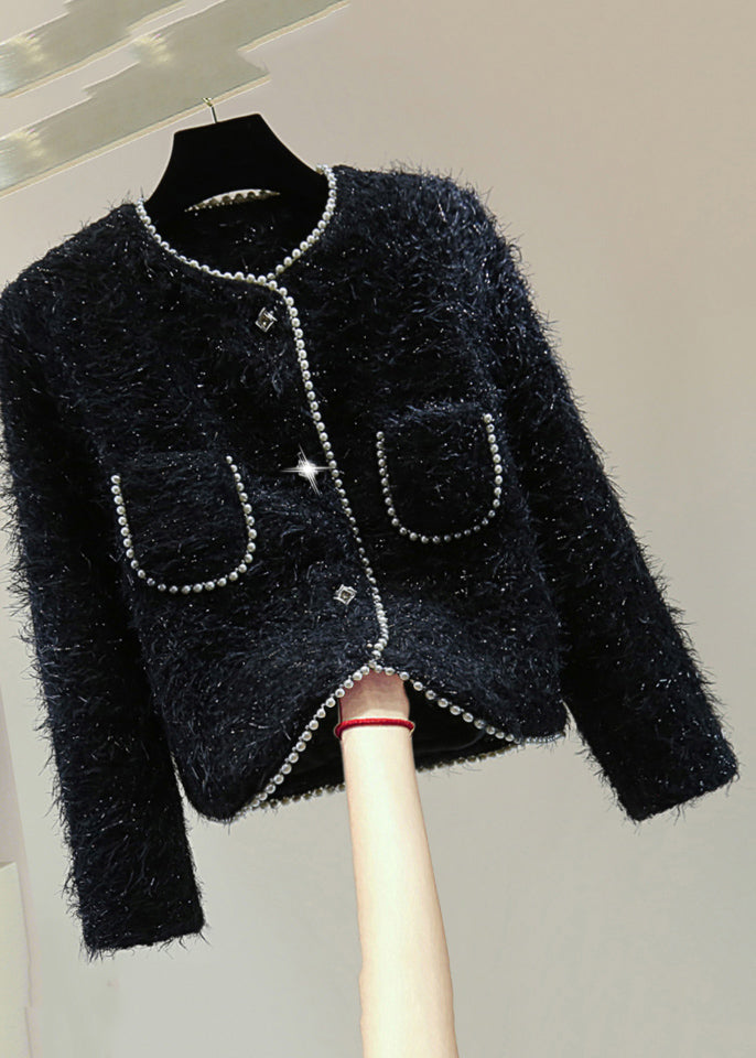 Classy Black O-Neck Pockets Patchwork Nail Bead Coats Winter