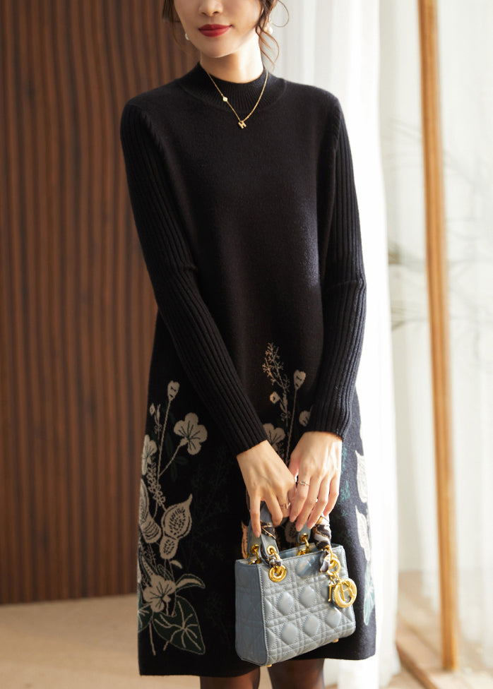 Classy Black O Neck Print Knit Long Sweater Dress Spring