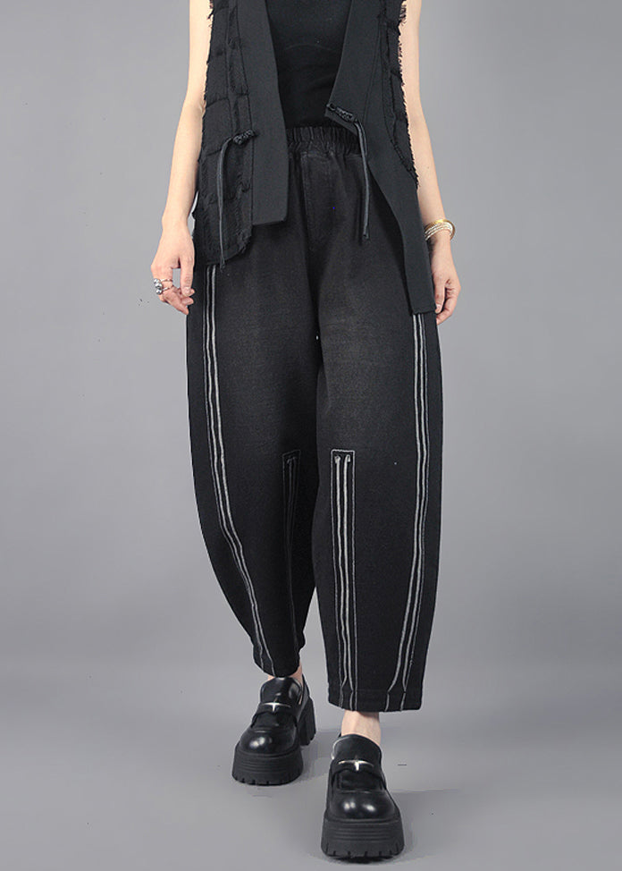 Classy Black Oversized Striped Cotton Harem Pants Spring