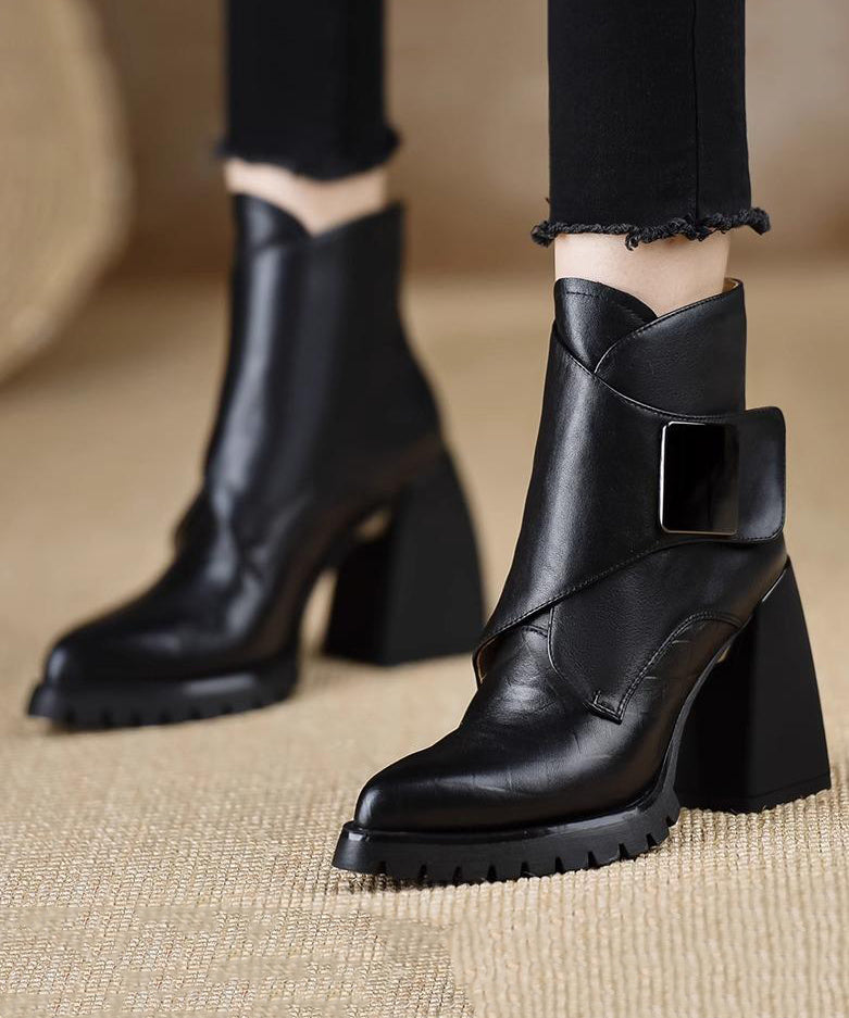 Classy Black Splicing Chunky Heel Ankle Boots