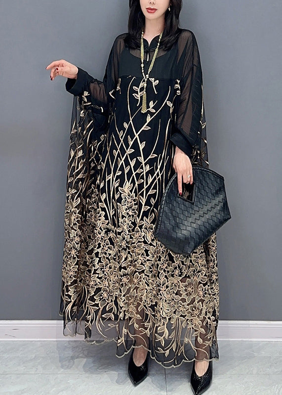 Classy Black Stand Collar Embroidered Button Tulle Maxi Dress Long Sleeve