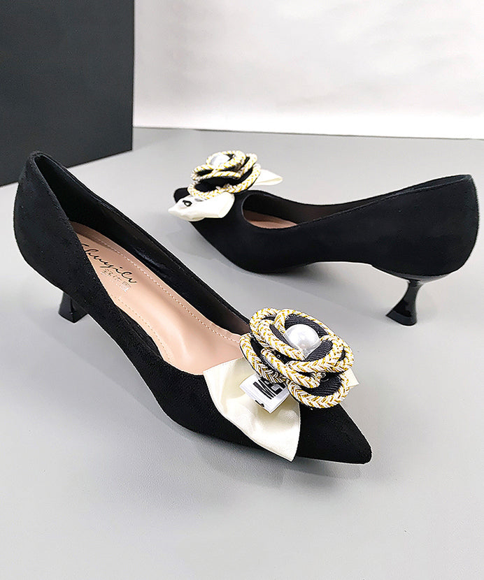 Classy Black Suede Splicing High Heels Pointed Toe