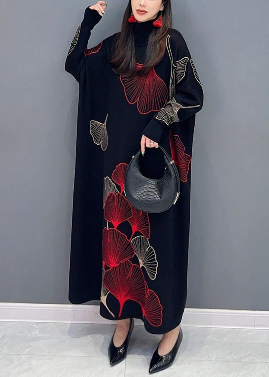 Classy Black Turtleneck Print Cotton Knit Long Dress Long Sleeve