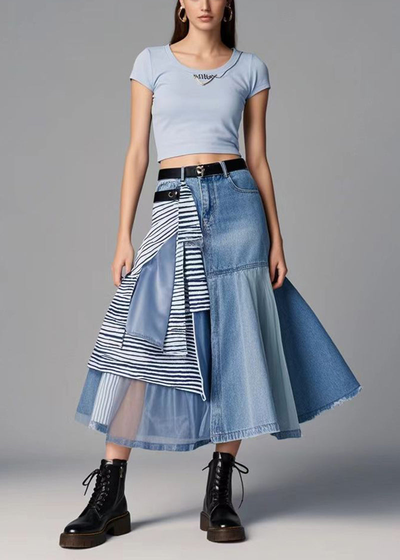 Classy Blue Asymmetrical Patchwork Organza Denim Skirt Spring