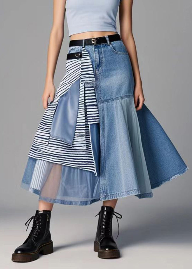 Classy Blue Asymmetrical Patchwork Organza Denim Skirt Spring