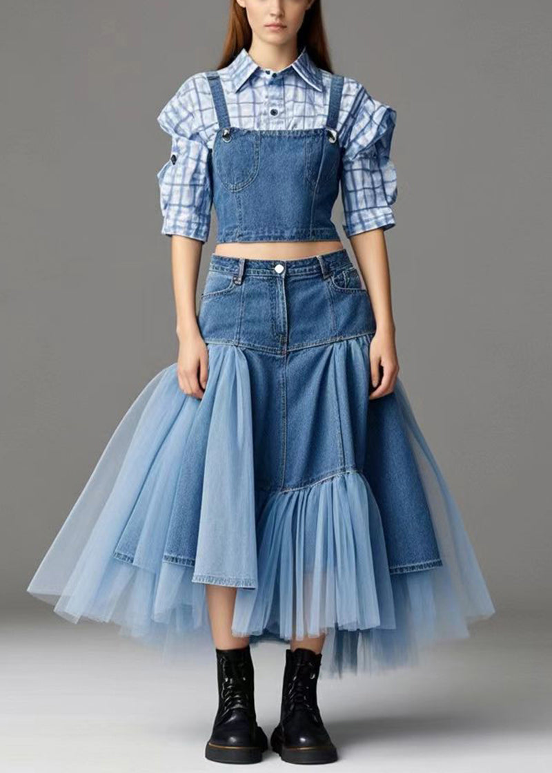 Classy Blue Asymmetrical Patchwork Tulle Denim Beach Skirt Spring