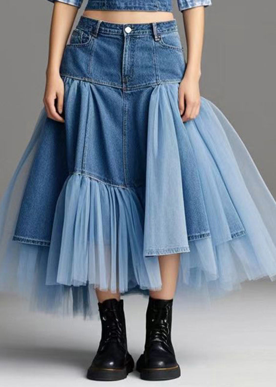 Classy Blue Asymmetrical Patchwork Tulle Denim Beach Skirt Spring