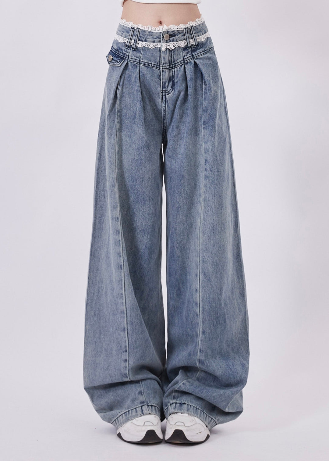 Classy Blue Hight Waist Patchwork Lace Denim Straight Pants Spring