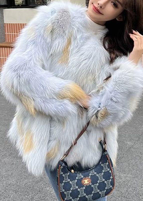 Classy Blue O-Neck Leather And Fur Coat Winter