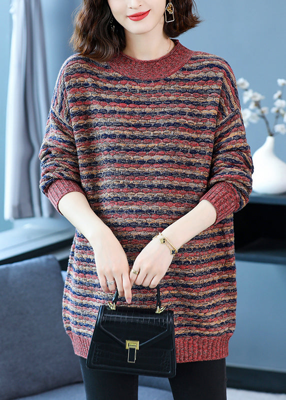 Classy Blue O Neck Striped Woolen Knit Sweaters Spring