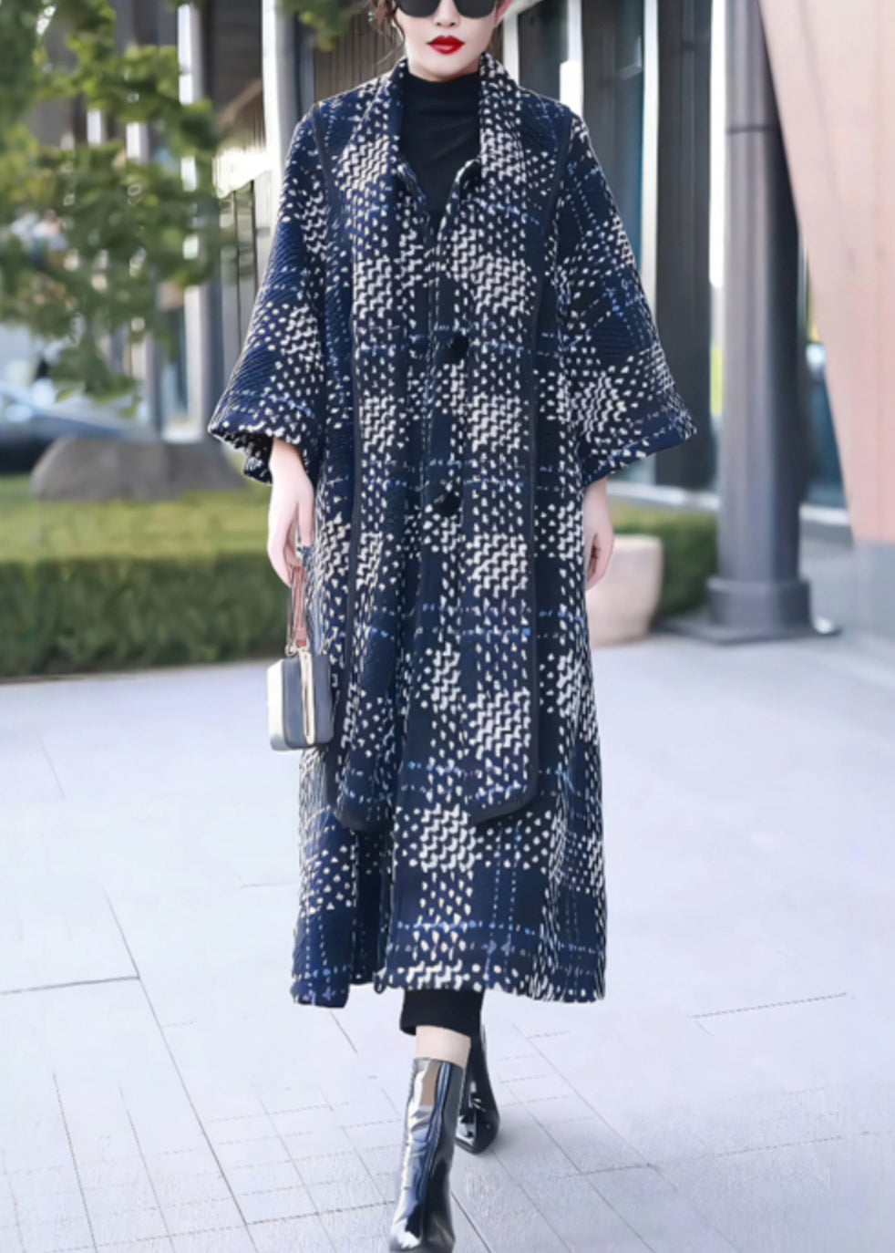 Classy Blue Plaid Bow Button Loose Woolen Coats Winter