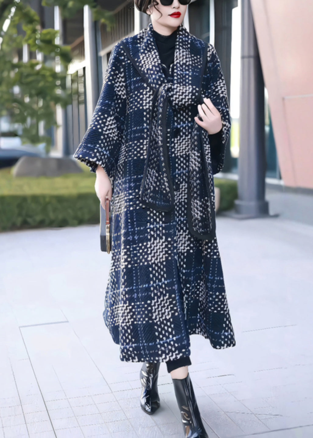 Classy Blue Plaid Bow Button Loose Woolen Coats Winter