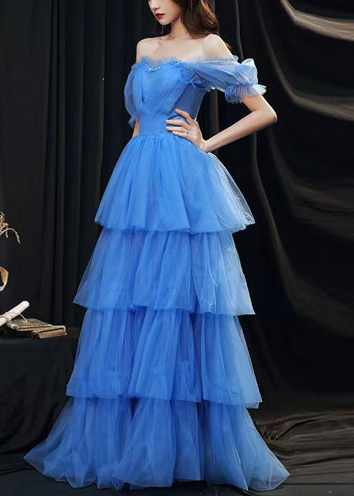 Classy Blue Ruffled Layered Patchwork Tulle Party Dresses Summer