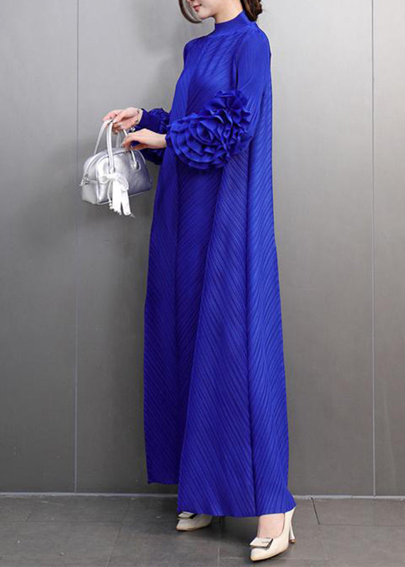 Classy Blue Turtleneck Wrinkled Maxi Dress Petal Sleeve