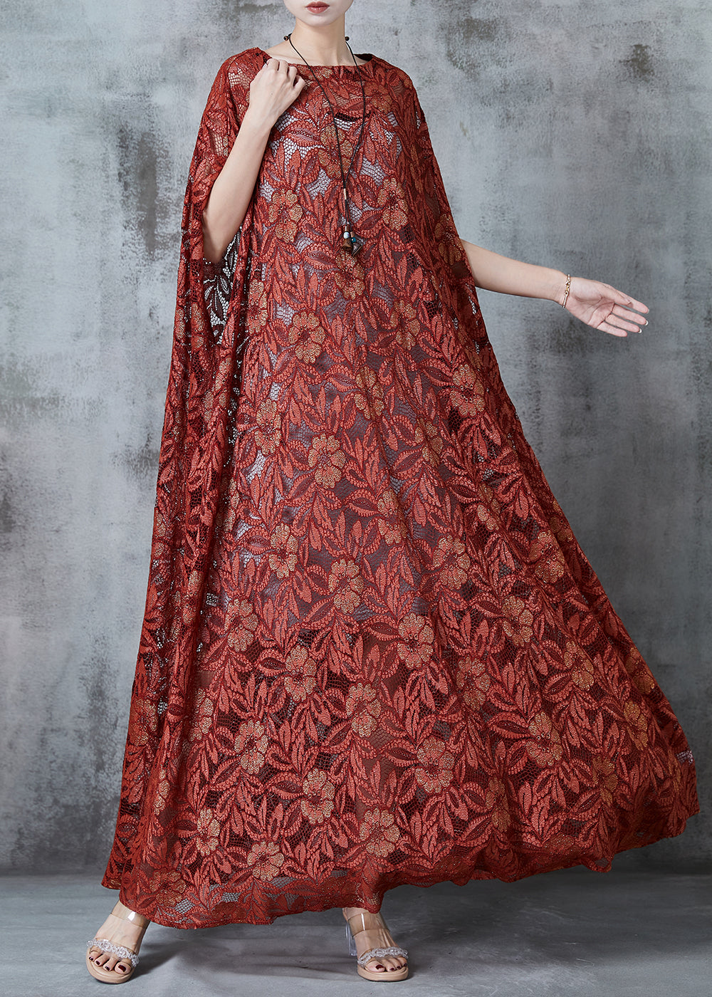 Classy Brick Red Embroidered Tulle Maxi Dresses Summer