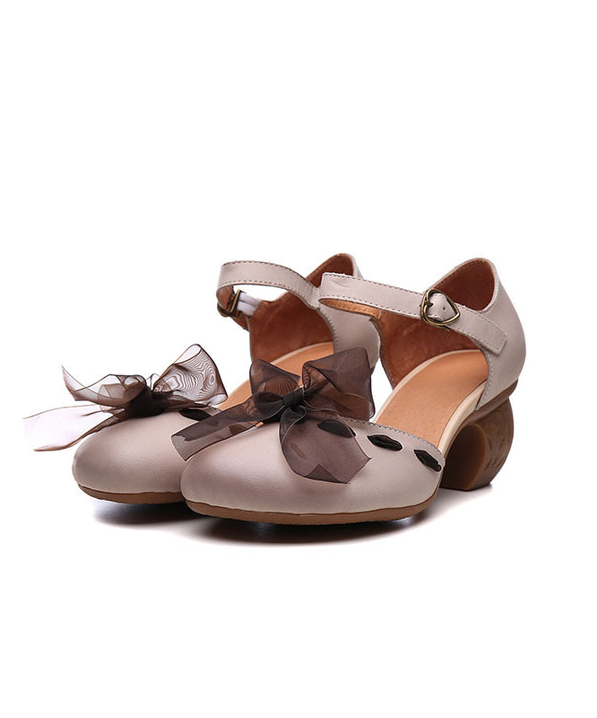 Classy Brown Chunky Cowhide Leather Bow Buckle Strap High Heels