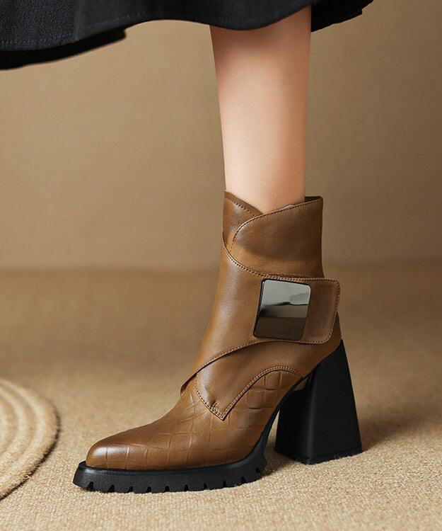 Classy Brown Cowhide Leather Chunky Heel Splicing Boots Pointed Toe