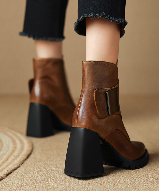 Classy Brown Cowhide Leather Chunky Heel Splicing Boots Pointed Toe