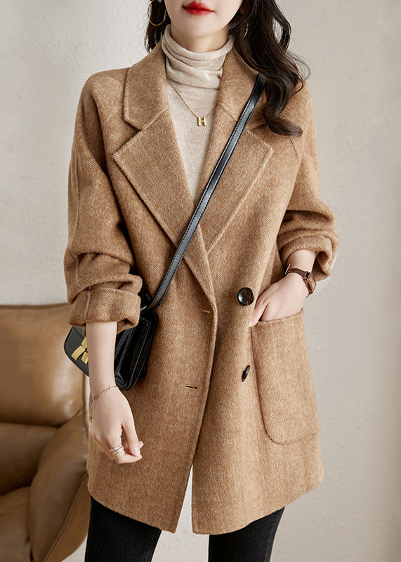 Classy Camel Peter Pan Collar Pockets Woolen Coats Spring