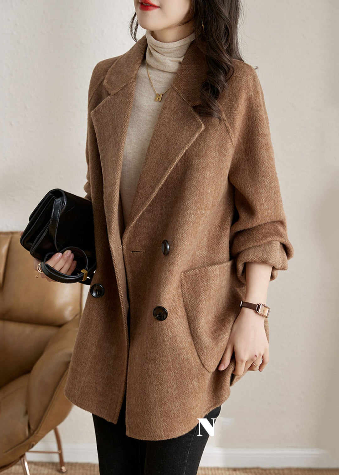 Classy Camel Peter Pan Collar Pockets Woolen Coats Spring