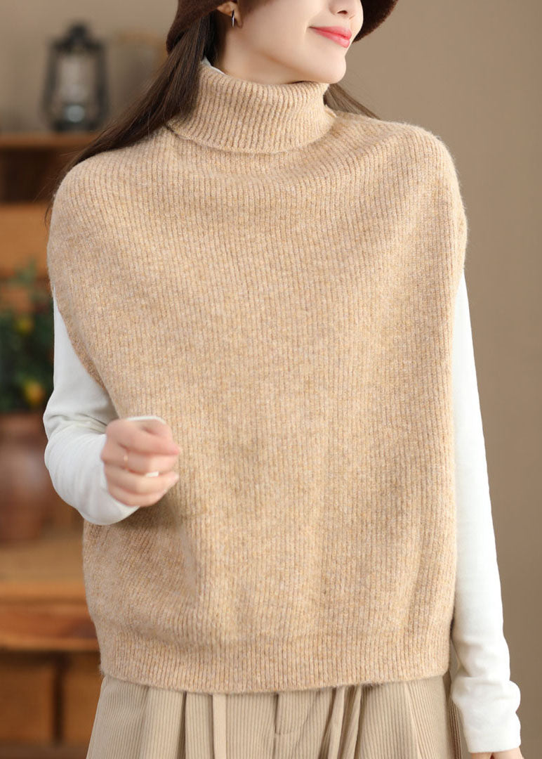 Classy Coffee Hign Neck Woolen Vest Tops Sleeveless