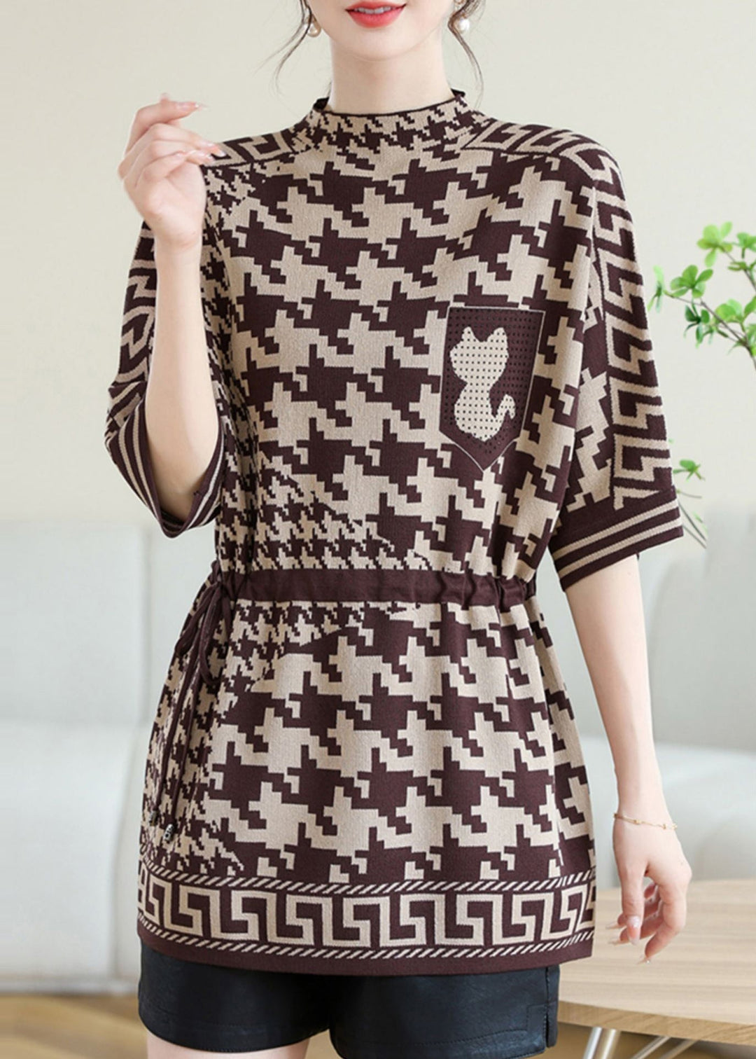 Classy Coffee O Neck Print Drawstring Knit Top Spring