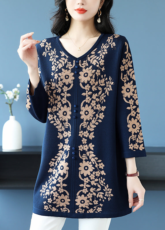 Classy Coffee V Neck Print Knit Mid Sweaters Spring