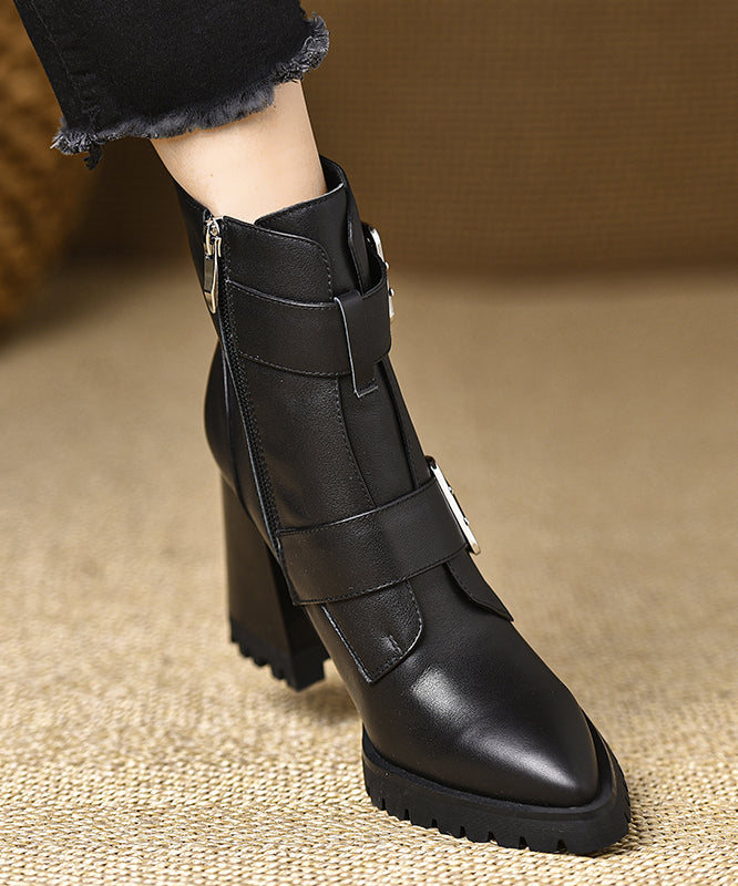 Classy Cowhide Leather Splicing Zippered Chunky Heel Boots Pointed Toe