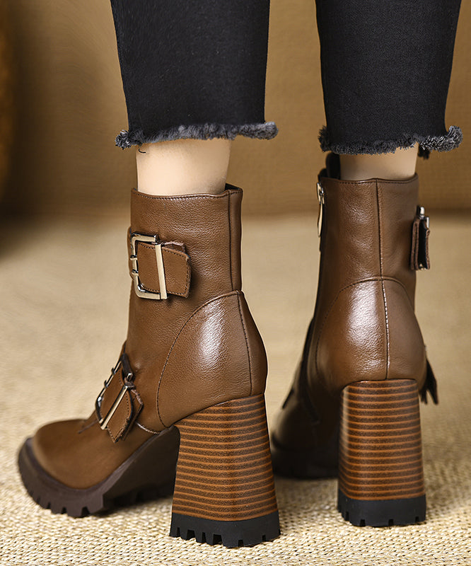 Classy Cowhide Leather Splicing Zippered Chunky Heel Boots Pointed Toe