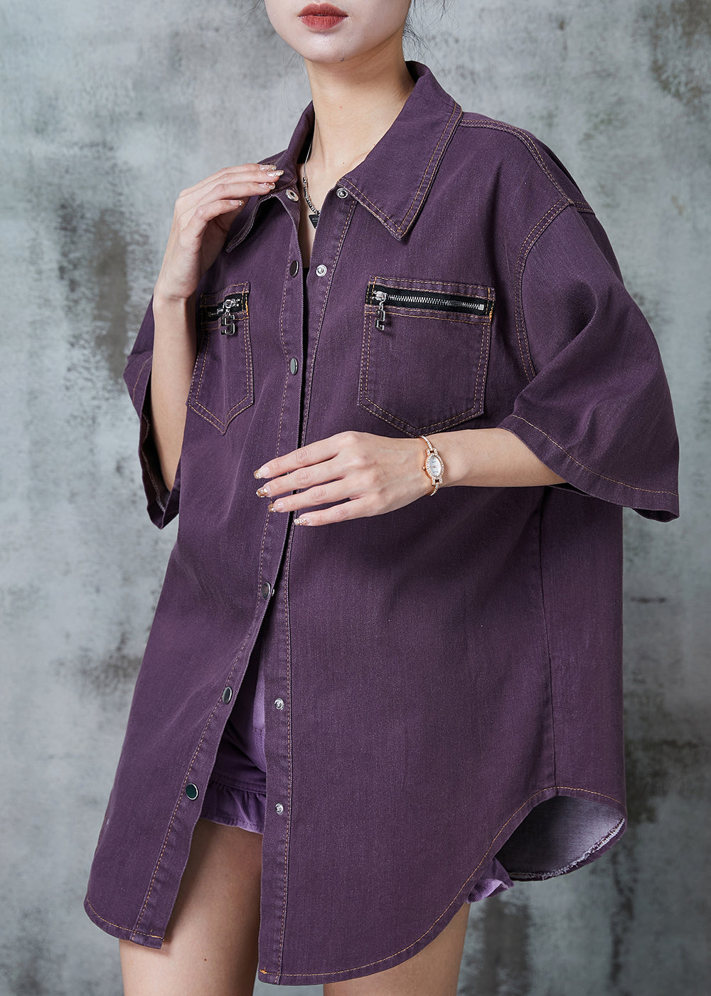 Classy Dull Purple Zip Up Oversized Denim Shirt Top Summer