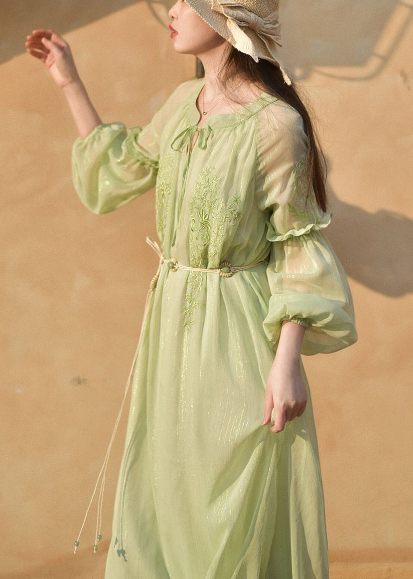 Classy Green Embroidered Lace Up Chiffon Long Dresses Long Sleeve