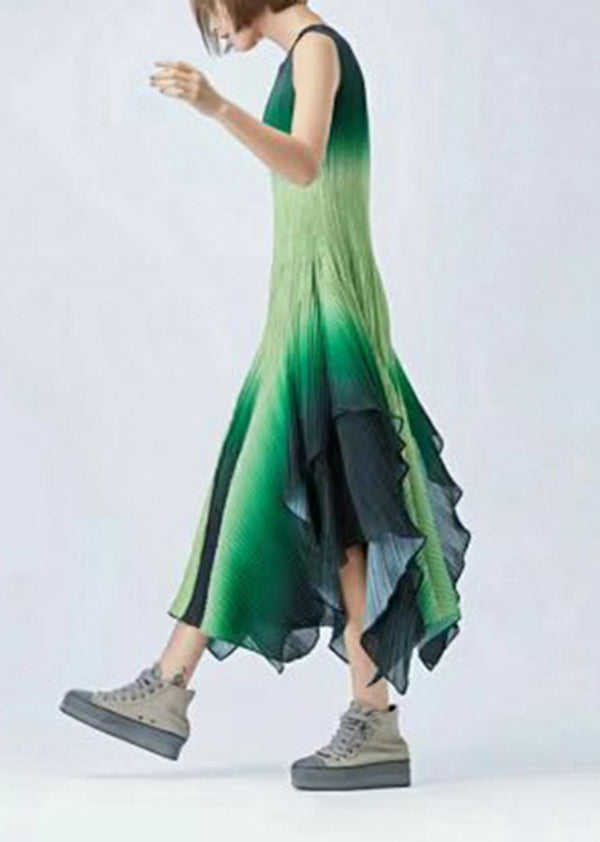 Classy Green Gradient Asymmetrical Patchwork Dress Sleeveless