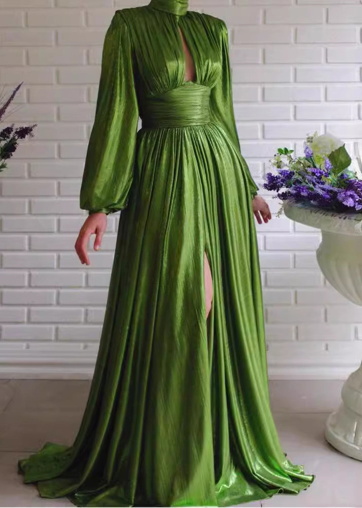 Classy Green Hollow Out Wrinkled Side Open Ankle Dress Spring