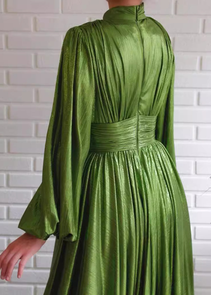 Classy Green Hollow Out Wrinkled Side Open Ankle Dress Spring