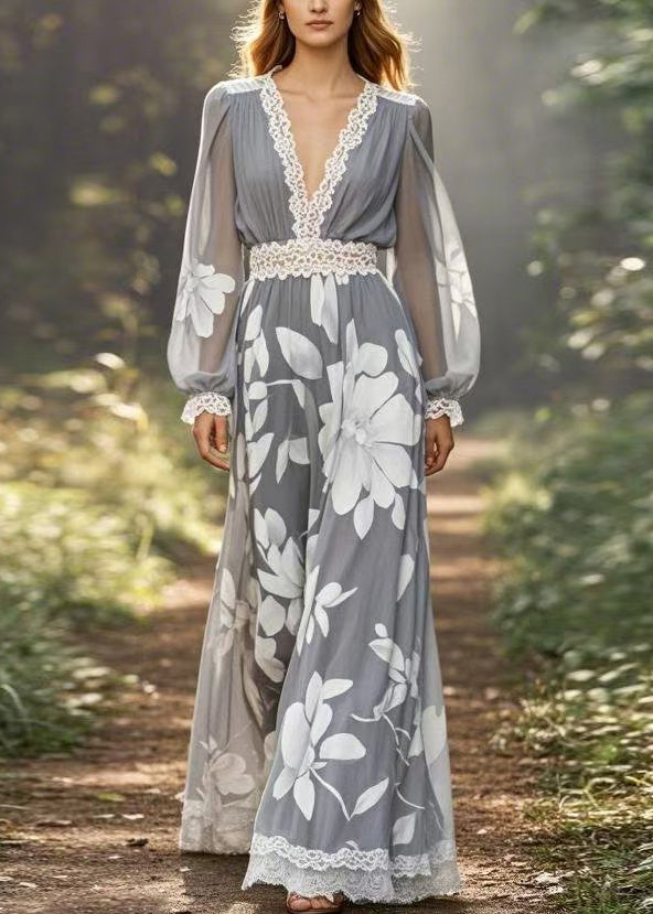 Classy Grey Print Lace Patchwork Chiffon Long Dress Spring