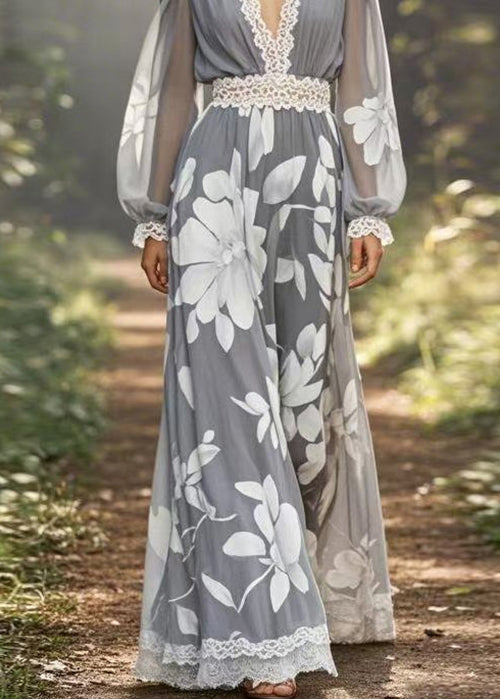 Classy Grey Print Lace Patchwork Chiffon Long Dress Spring