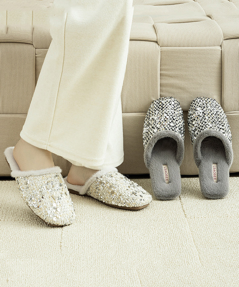 Classy Grey Sequins Cotton Fabric Slippers Shoes Fuzzy Wool Lined