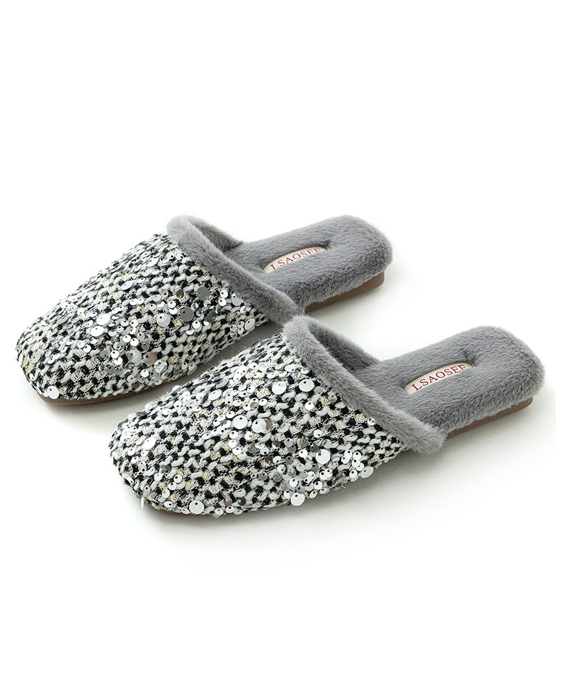 Classy Grey Sequins Cotton Fabric Slippers Shoes Fuzzy Wool Lined